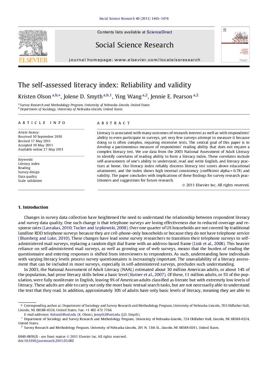 The self-assessed literacy index: Reliability and validity