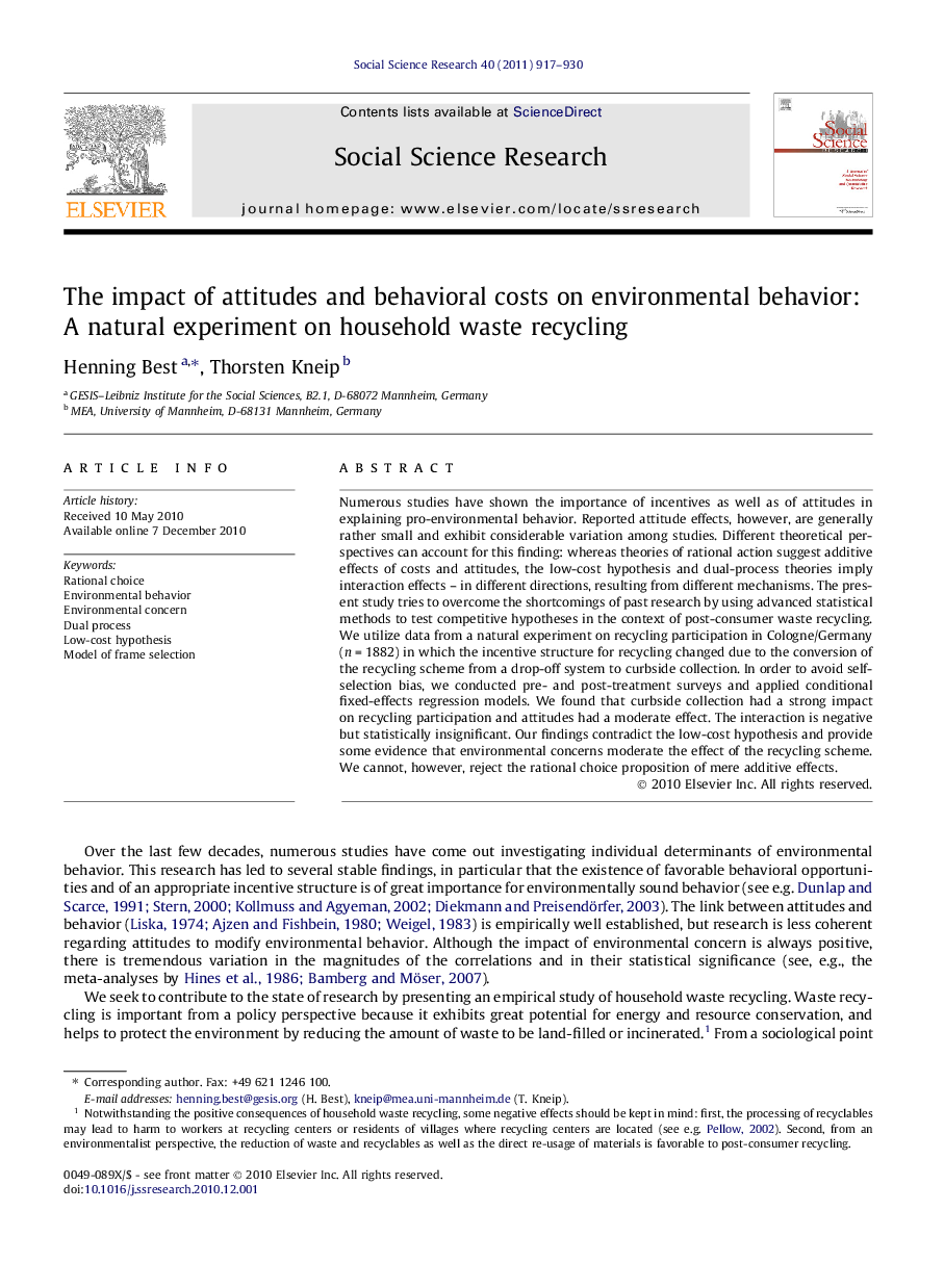 The impact of attitudes and behavioral costs on environmental behavior: A natural experiment on household waste recycling