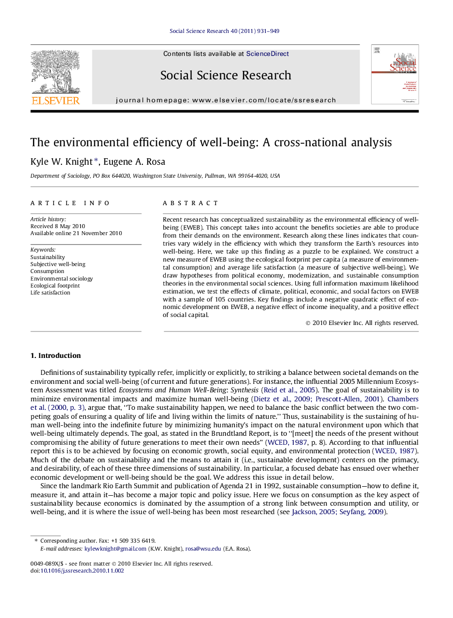 The environmental efficiency of well-being: A cross-national analysis