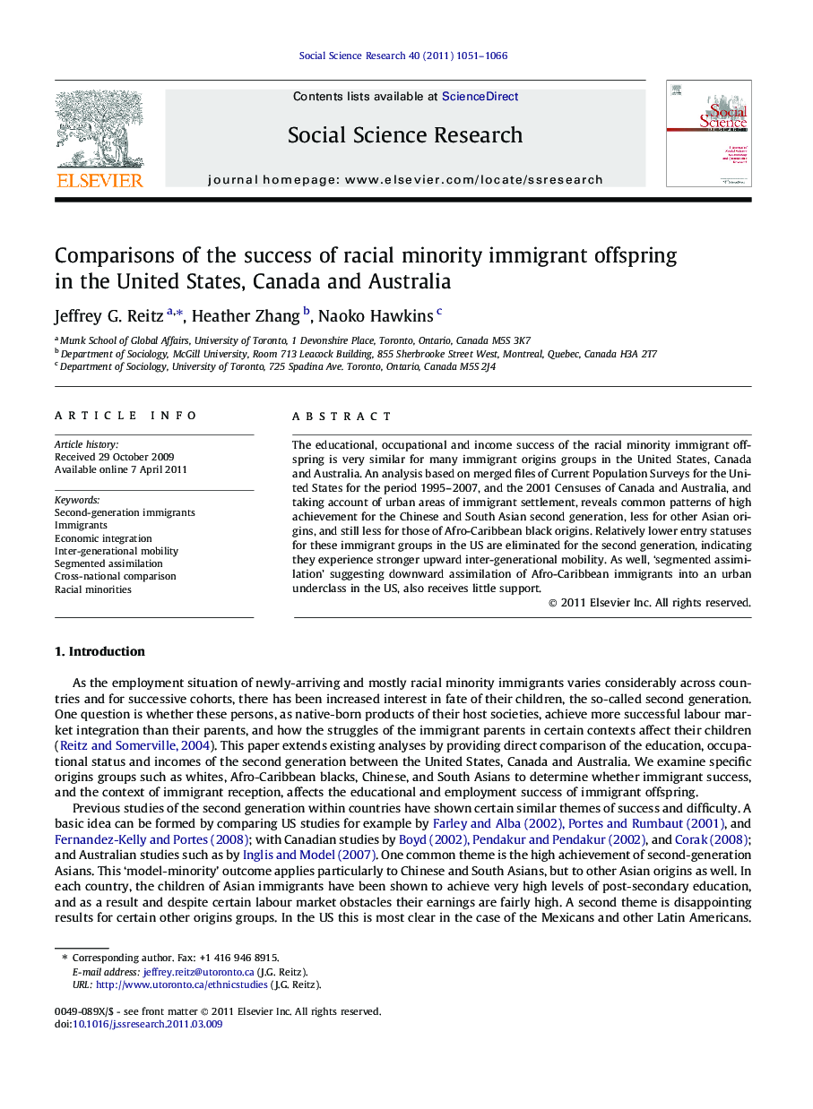 Comparisons of the success of racial minority immigrant offspring in the United States, Canada and Australia