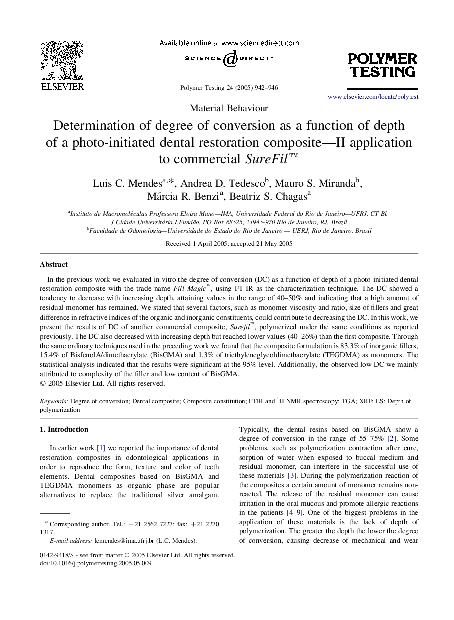 Determination of degree of conversion as a function of depth of a photo-initiated dental restoration composite-II application to commercial SureFilâ¢