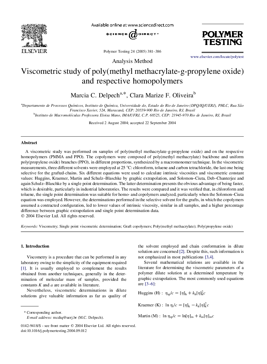 Viscometric study of poly(methyl methacrylate-g-propylene oxide) and respective homopolymers