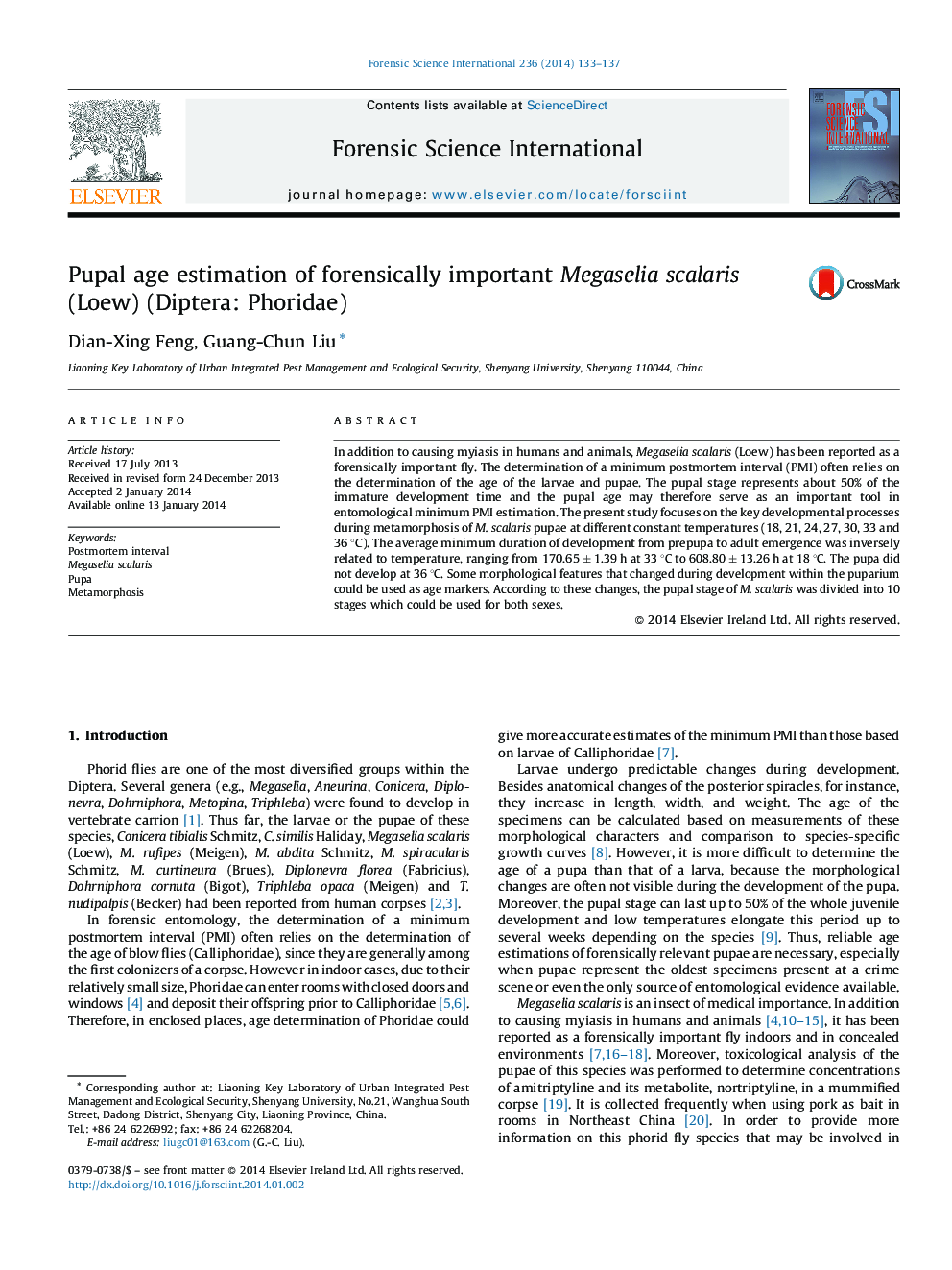 Pupal age estimation of forensically important Megaselia scalaris (Loew) (Diptera: Phoridae)