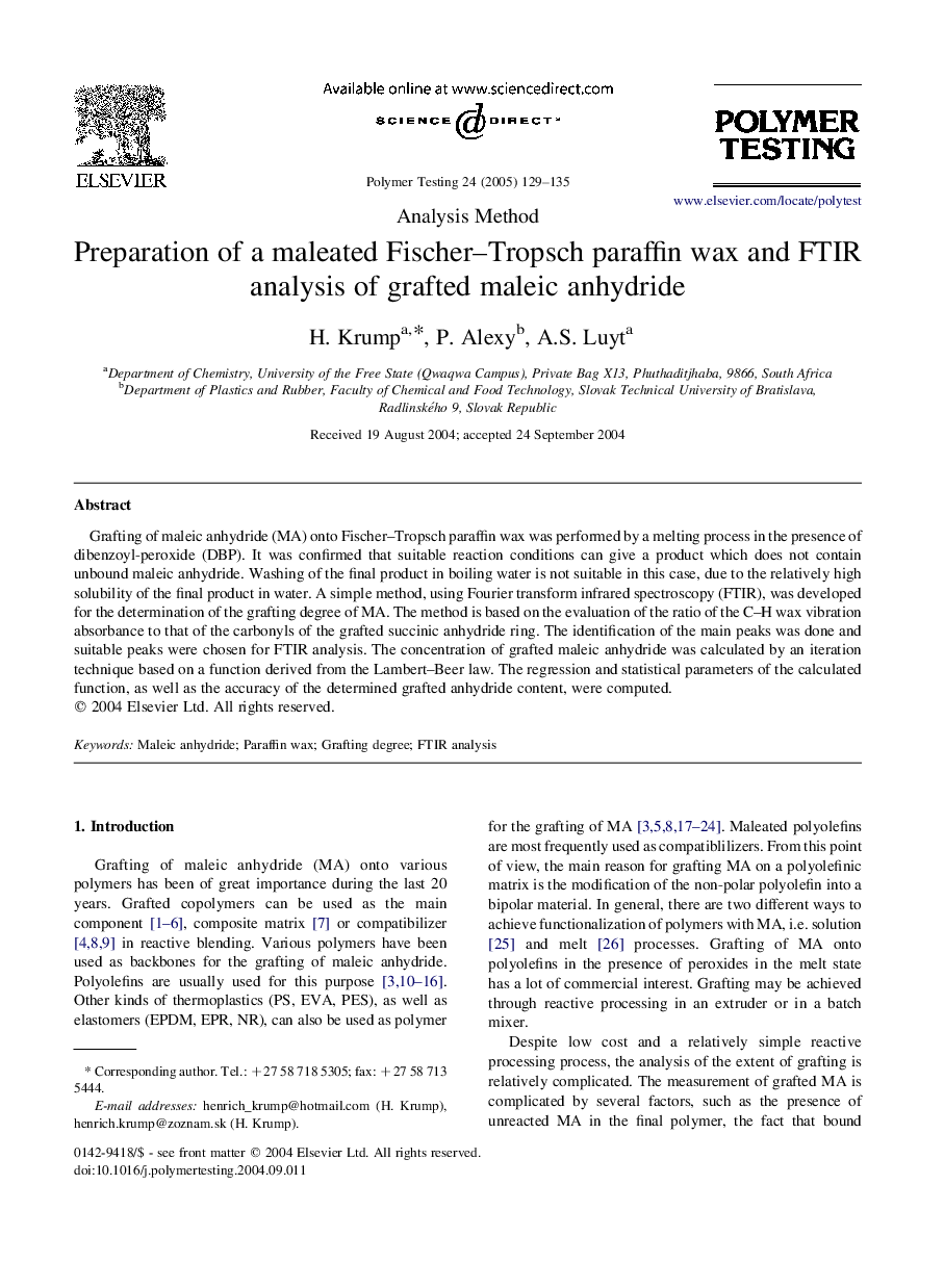 Preparation of a maleated Fischer-Tropsch paraffin wax and FTIR analysis of grafted maleic anhydride