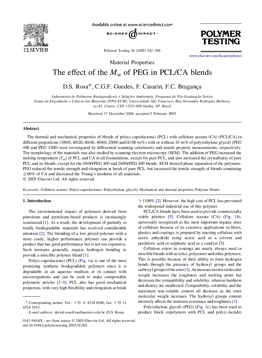 The effect of the Mw of PEG in PCL/CA blends