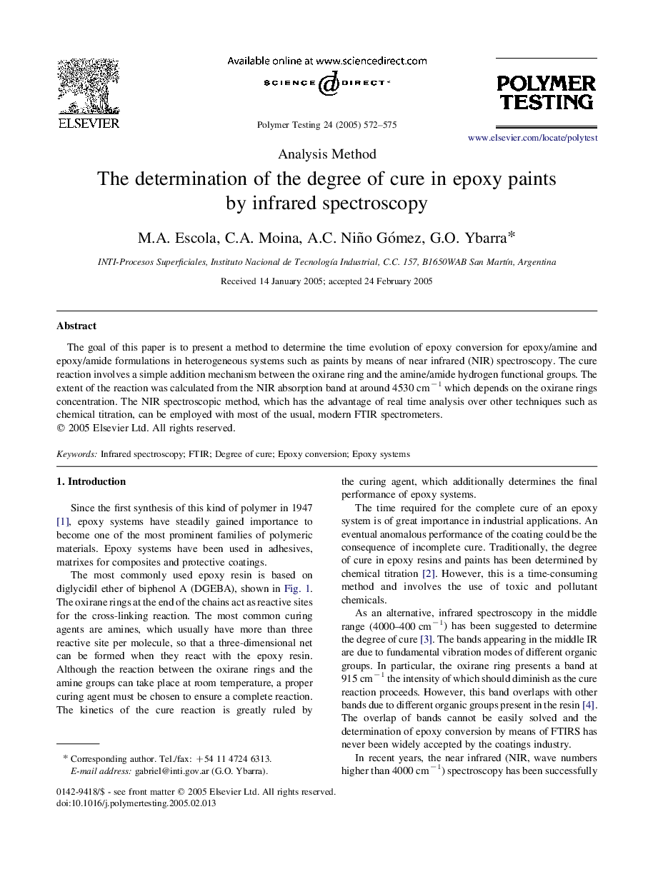 The determination of the degree of cure in epoxy paints by infrared spectroscopy