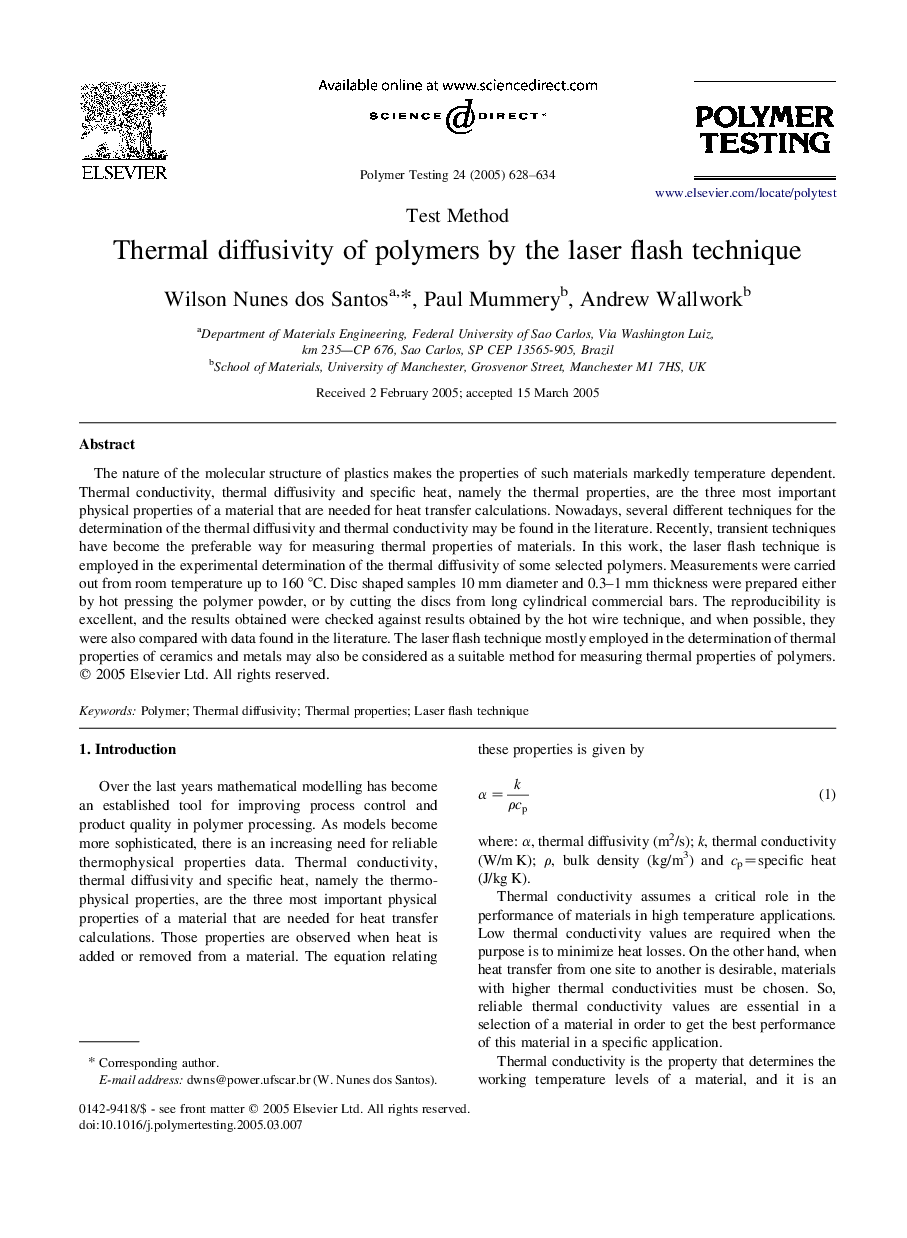 Thermal diffusivity of polymers by the laser flash technique