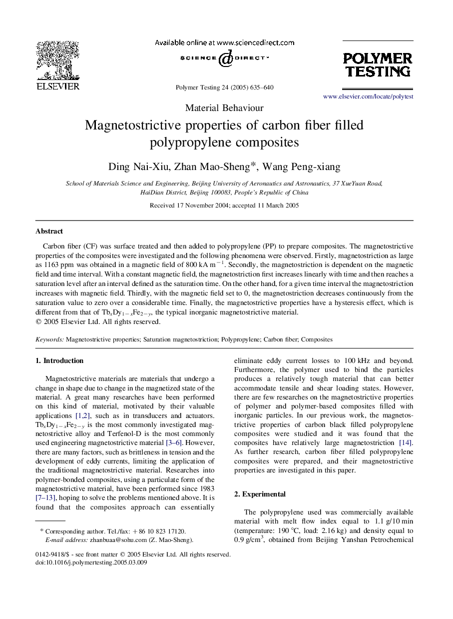 Magnetostrictive properties of carbon fiber filled polypropylene composites