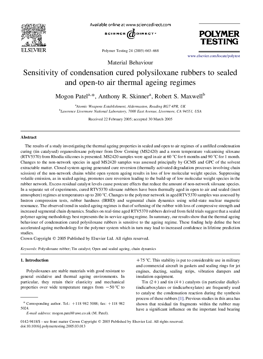 Sensitivity of condensation cured polysiloxane rubbers to sealed and open-to air thermal ageing regimes