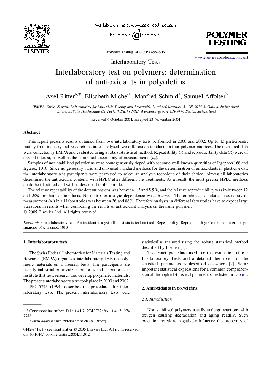 Interlaboratory test on polymers: determination of antioxidants in polyolefins