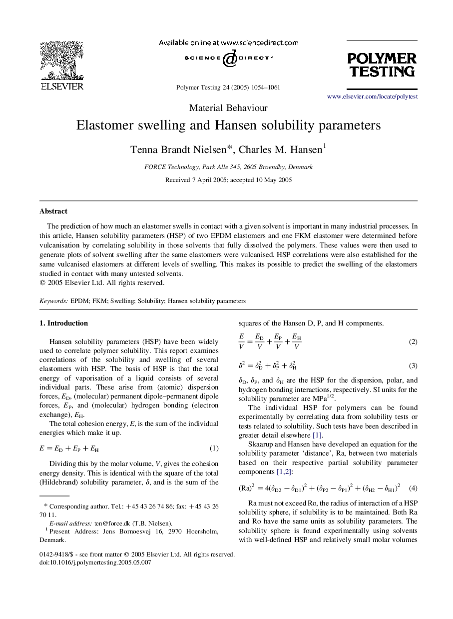 Elastomer swelling and Hansen solubility parameters