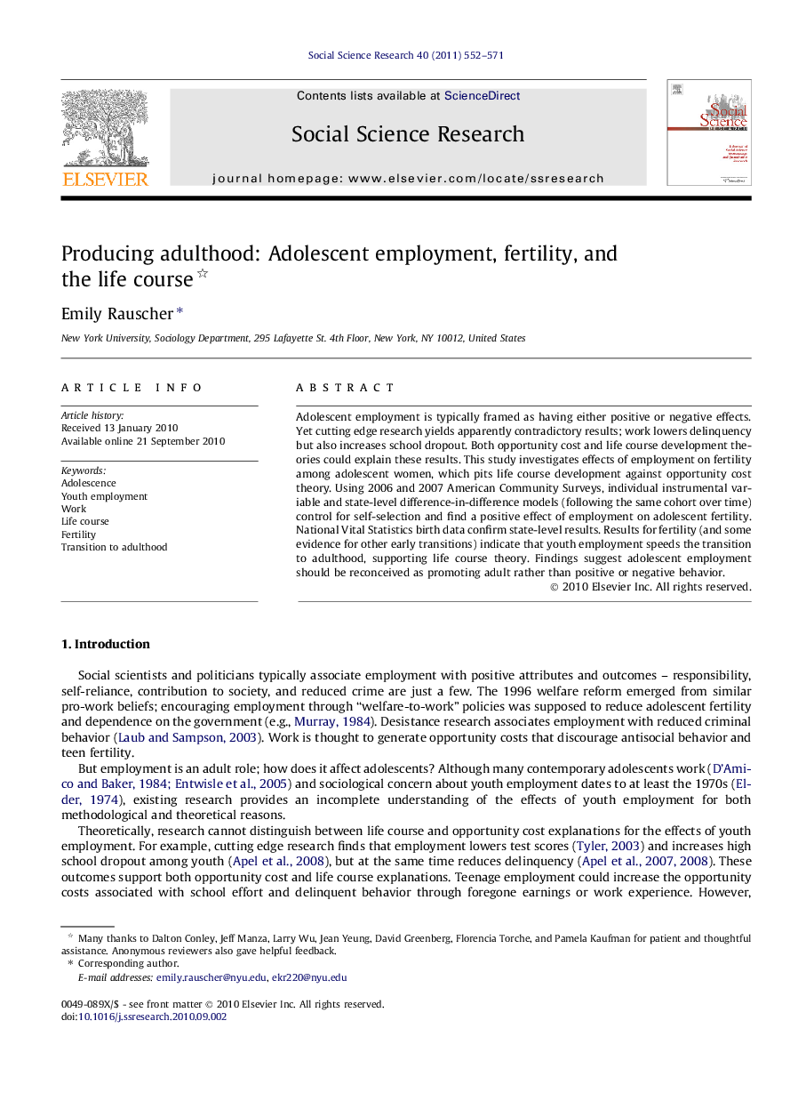 Producing adulthood: Adolescent employment, fertility, and the life course 