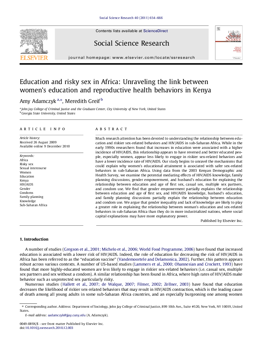 Education and risky sex in Africa: Unraveling the link between women's education and reproductive health behaviors in Kenya