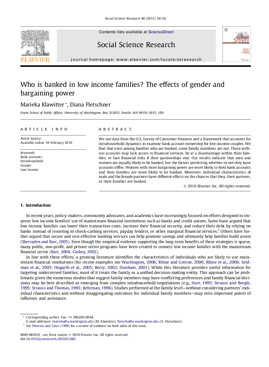 Who is banked in low income families? The effects of gender and bargaining power