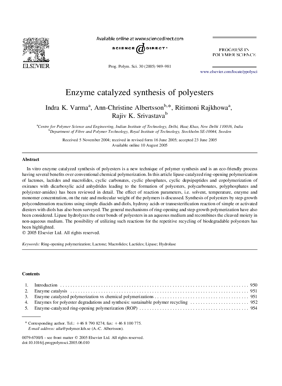 Enzyme catalyzed synthesis of polyesters