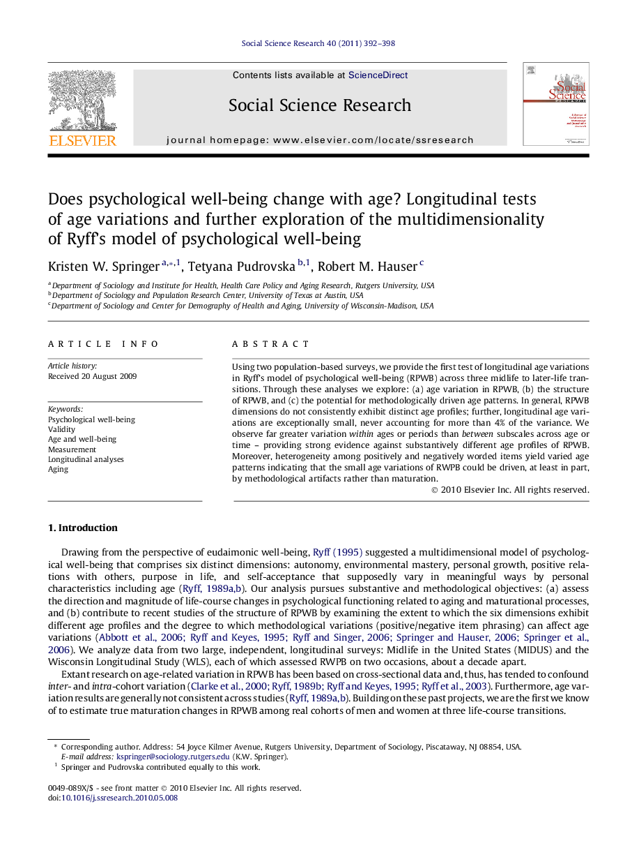 Does psychological well-being change with age? Longitudinal tests of age variations and further exploration of the multidimensionality of Ryff’s model of psychological well-being