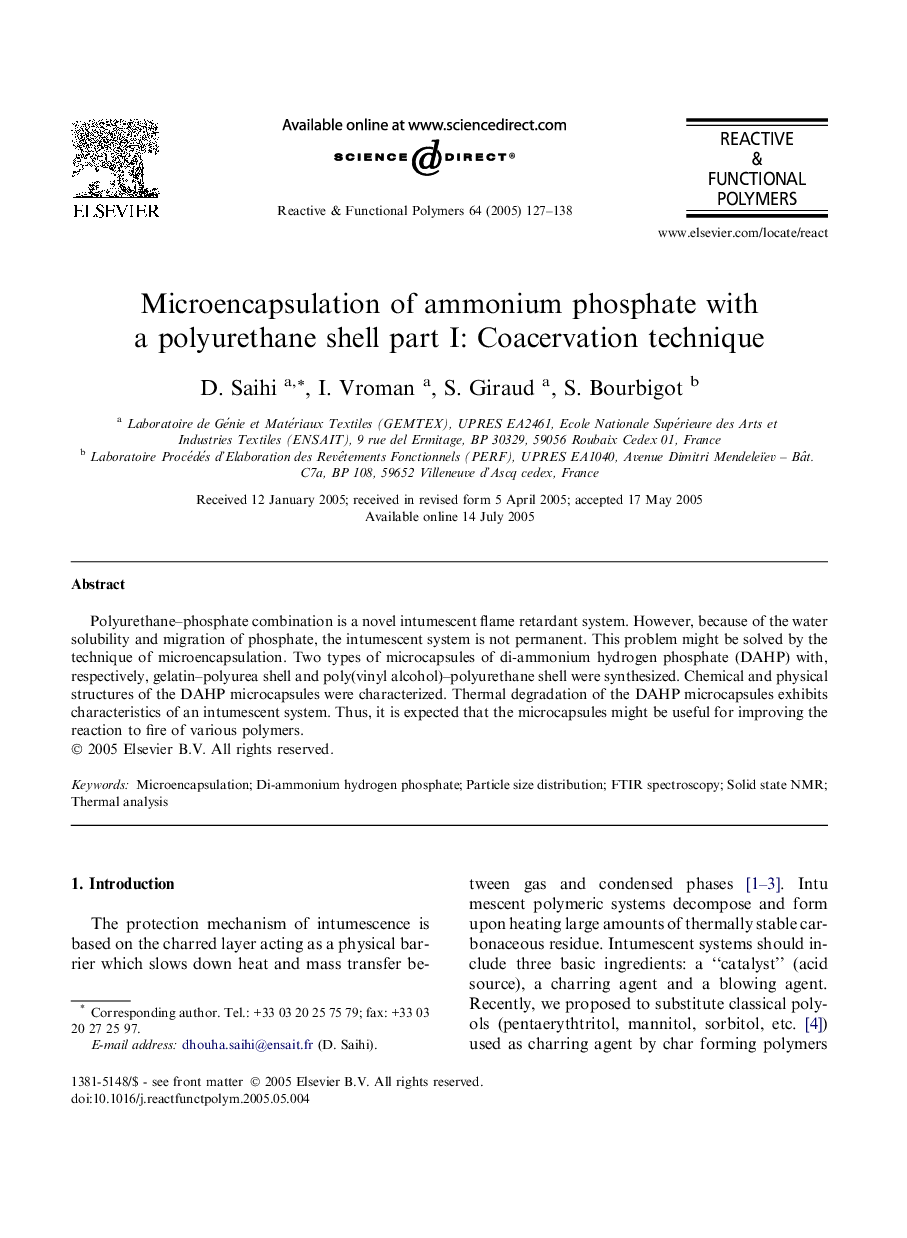 Microencapsulation of ammonium phosphate with a polyurethane shell part I: Coacervation technique