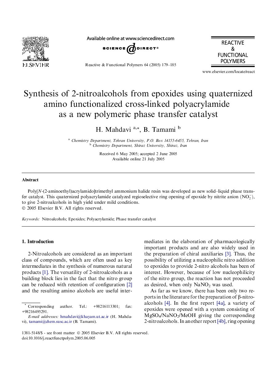 Synthesis of 2-nitroalcohols from epoxides using quaternized amino functionalized cross-linked polyacrylamide as a new polymeric phase transfer catalyst
