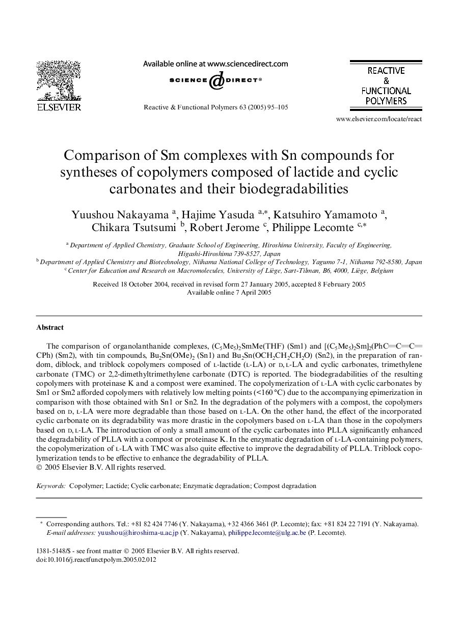 Comparison of Sm complexes with Sn compounds for syntheses of copolymers composed of lactide and cyclic carbonates and their biodegradabilities