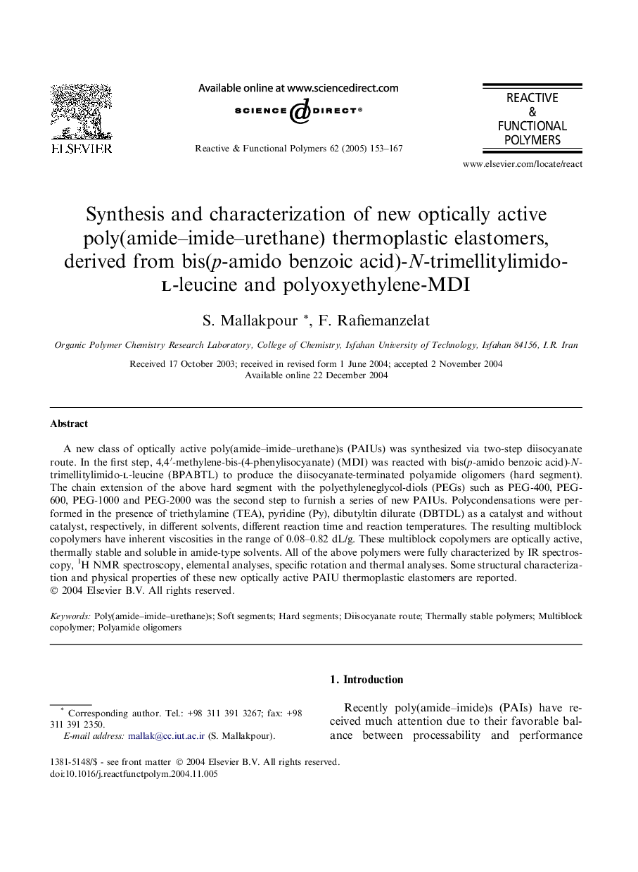 Synthesis and characterization of new optically active poly(amide-imide-urethane) thermoplastic elastomers, derived from bis(p-amido benzoic acid)-N-trimellitylimido-l-leucine and polyoxyethylene-MDI