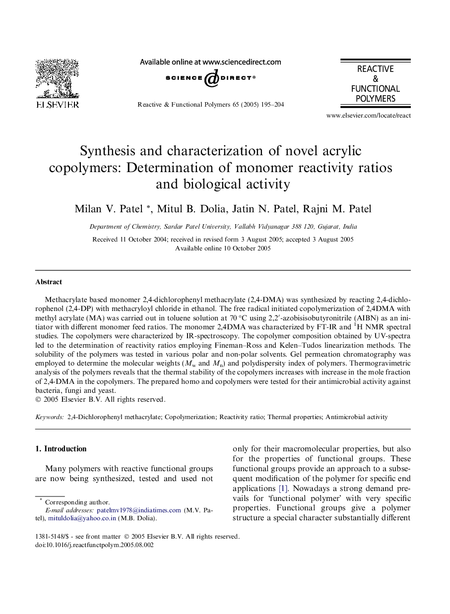 Synthesis and characterization of novel acrylic copolymers: Determination of monomer reactivity ratios and biological activity