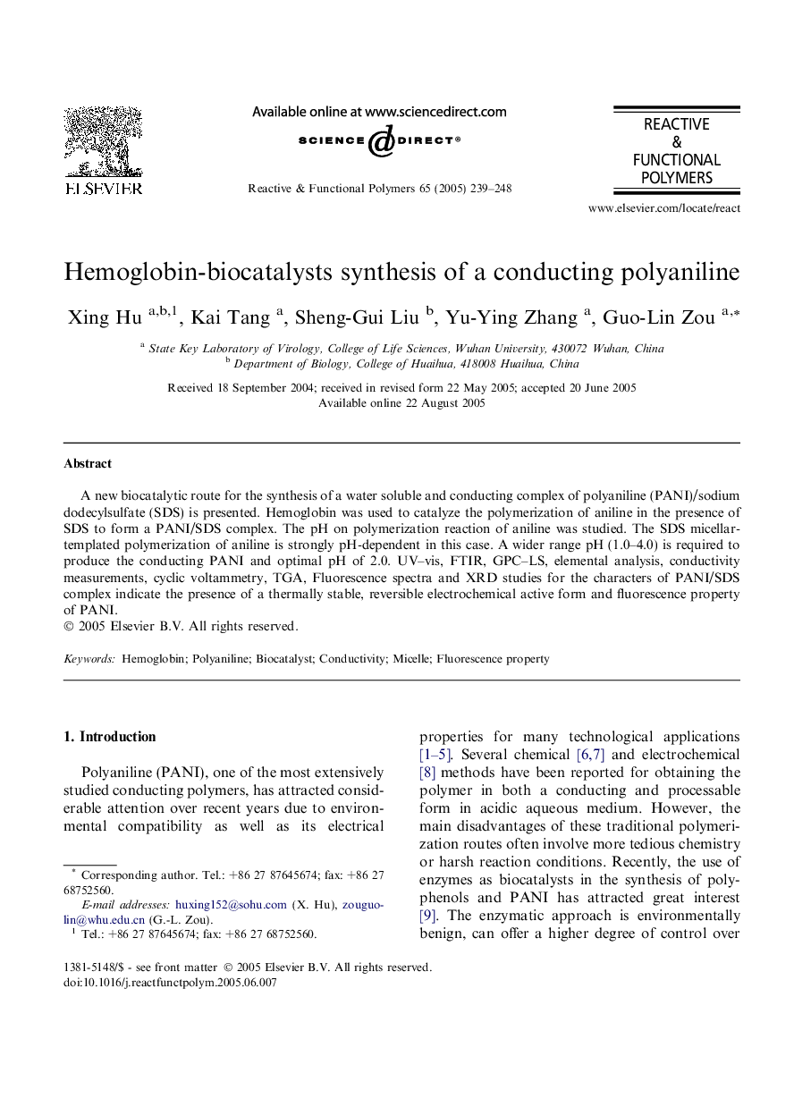 Hemoglobin-biocatalysts synthesis of a conducting polyaniline