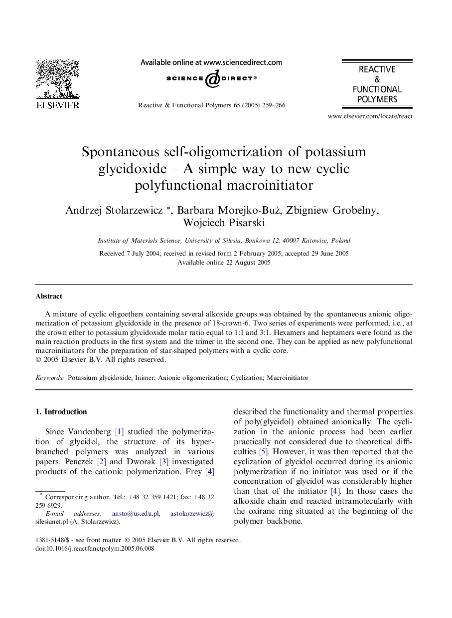 Spontaneous self-oligomerization of potassium glycidoxide - A simple way to new cyclic polyfunctional macroinitiator