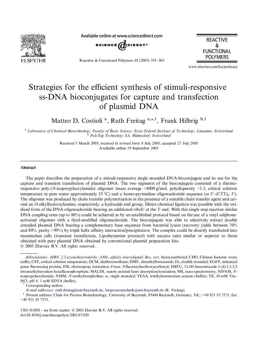 Strategies for the efficient synthesis of stimuli-responsive ss-DNA bioconjugates for capture and transfection of plasmid DNA