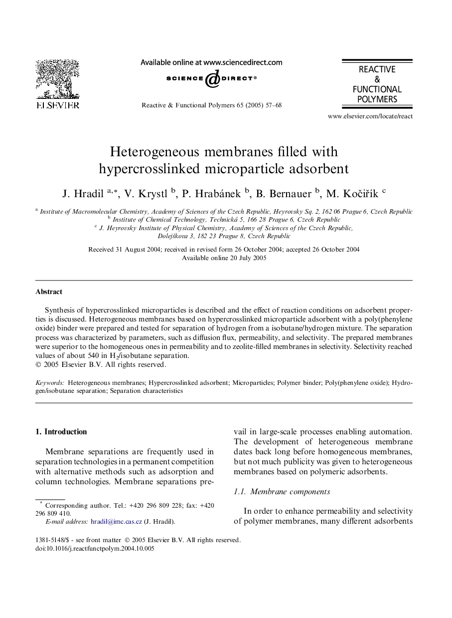 Heterogeneous membranes filled with hypercrosslinked microparticle adsorbent