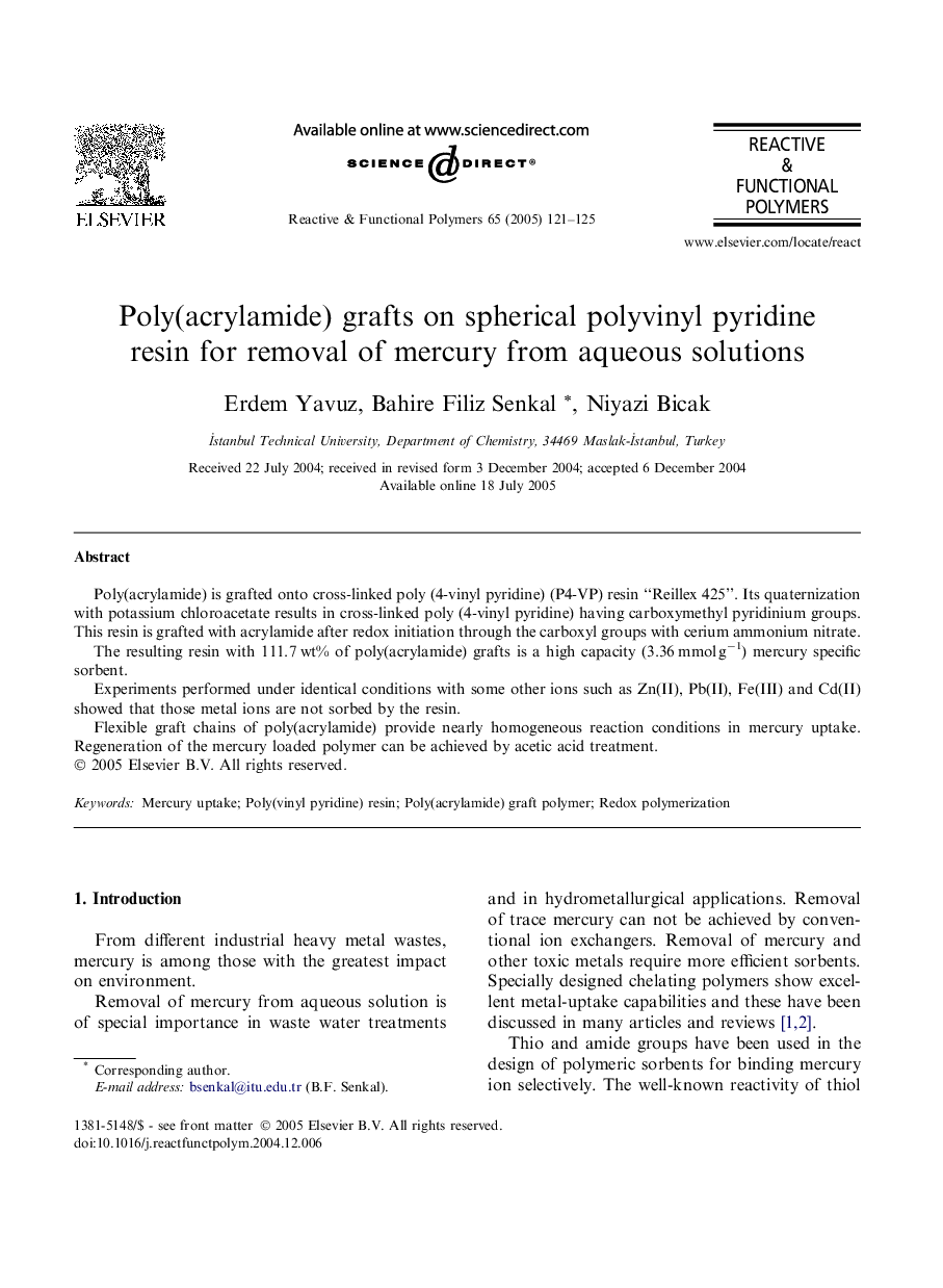 Poly(acrylamide) grafts on spherical polyvinyl pyridine resin for removal of mercury from aqueous solutions