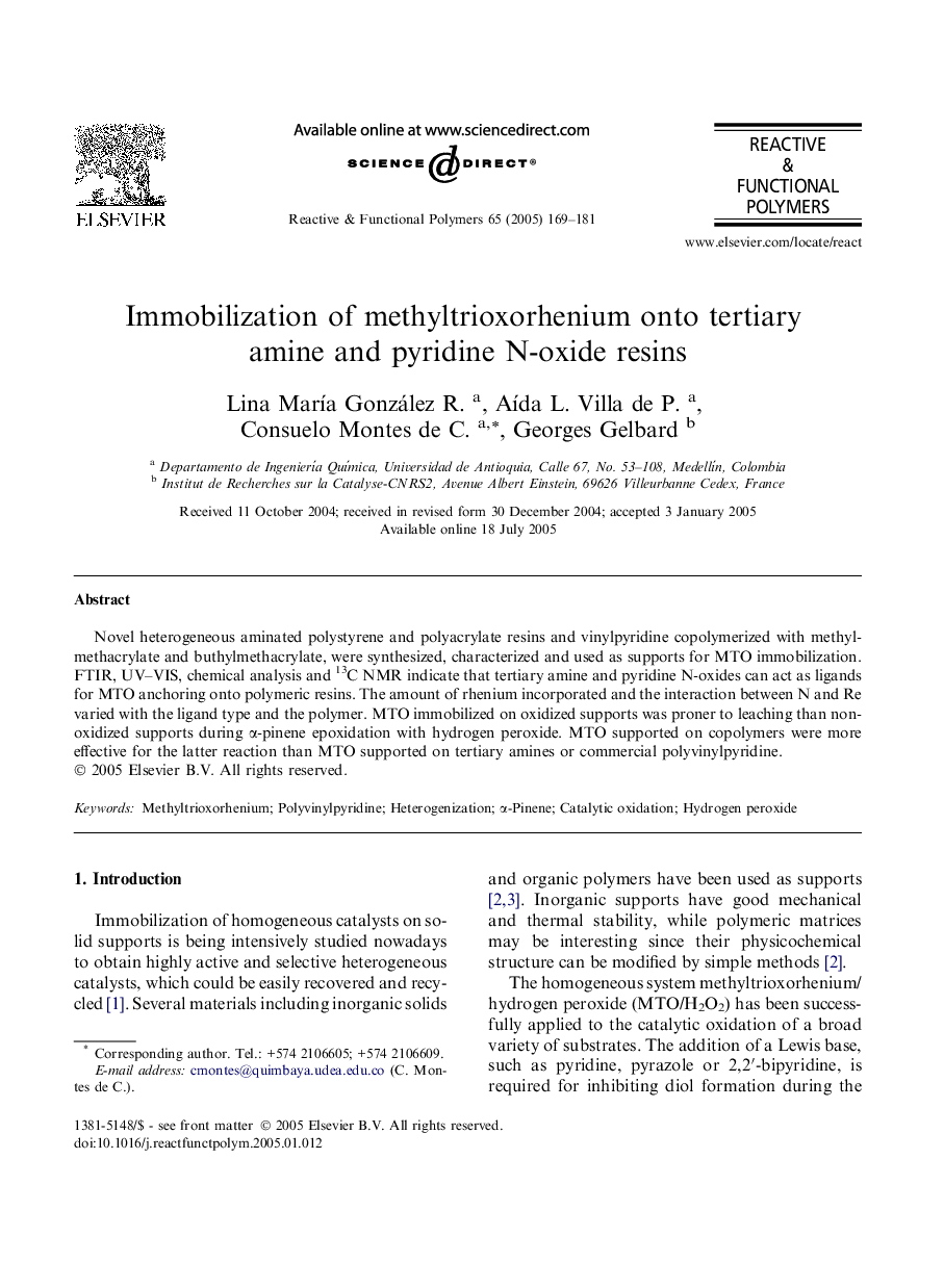 Immobilization of methyltrioxorhenium onto tertiary amine and pyridine N-oxide resins