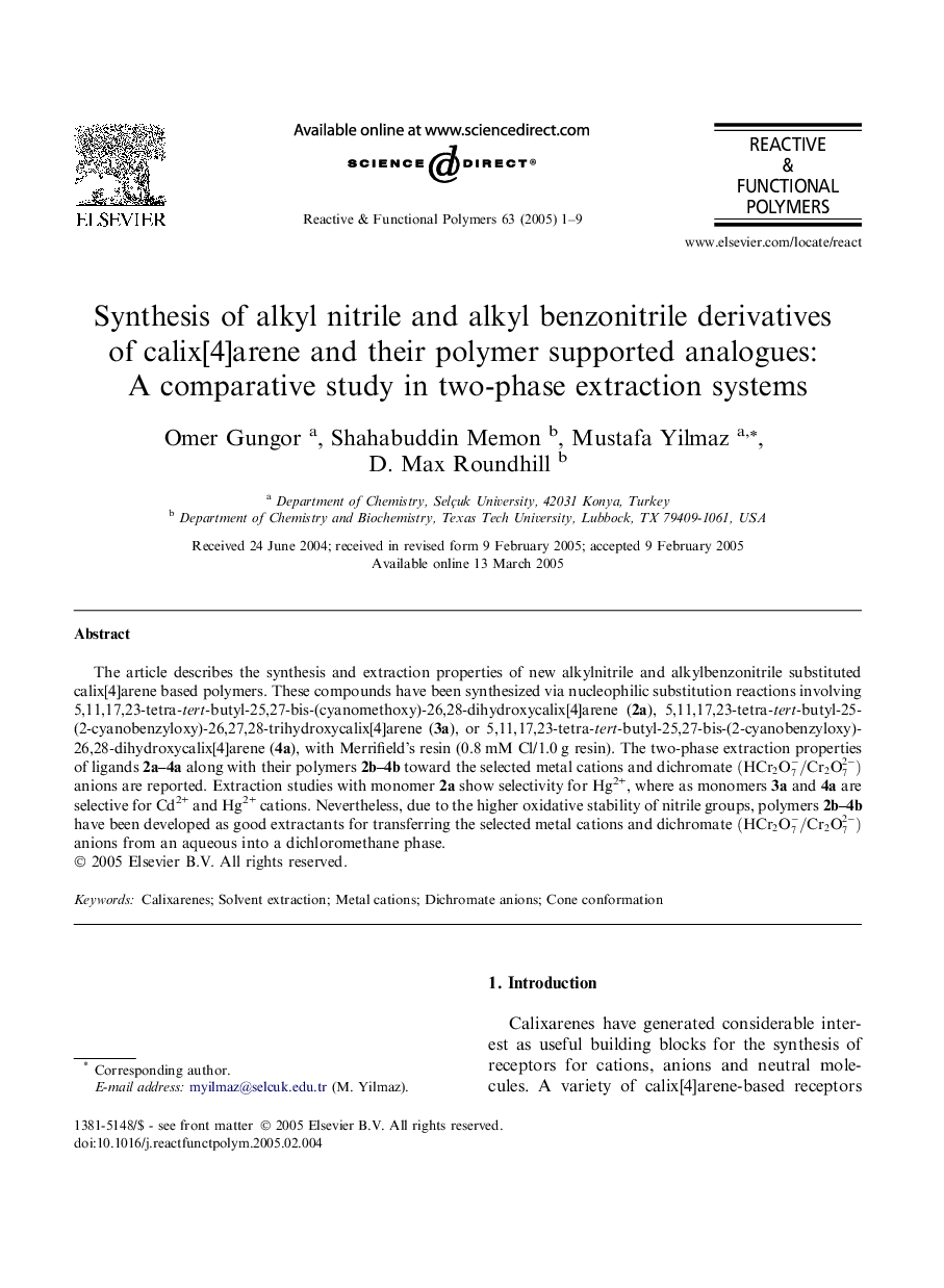 Synthesis of alkyl nitrile and alkyl benzonitrile derivatives of calix[4]arene and their polymer supported analogues: A comparative study in two-phase extraction systems