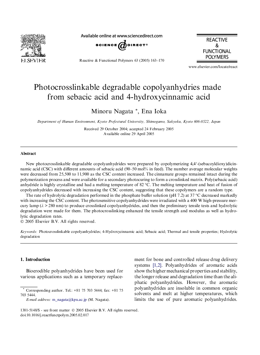 Photocrosslinkable degradable copolyanhydries made from sebacic acid and 4-hydroxycinnamic acid