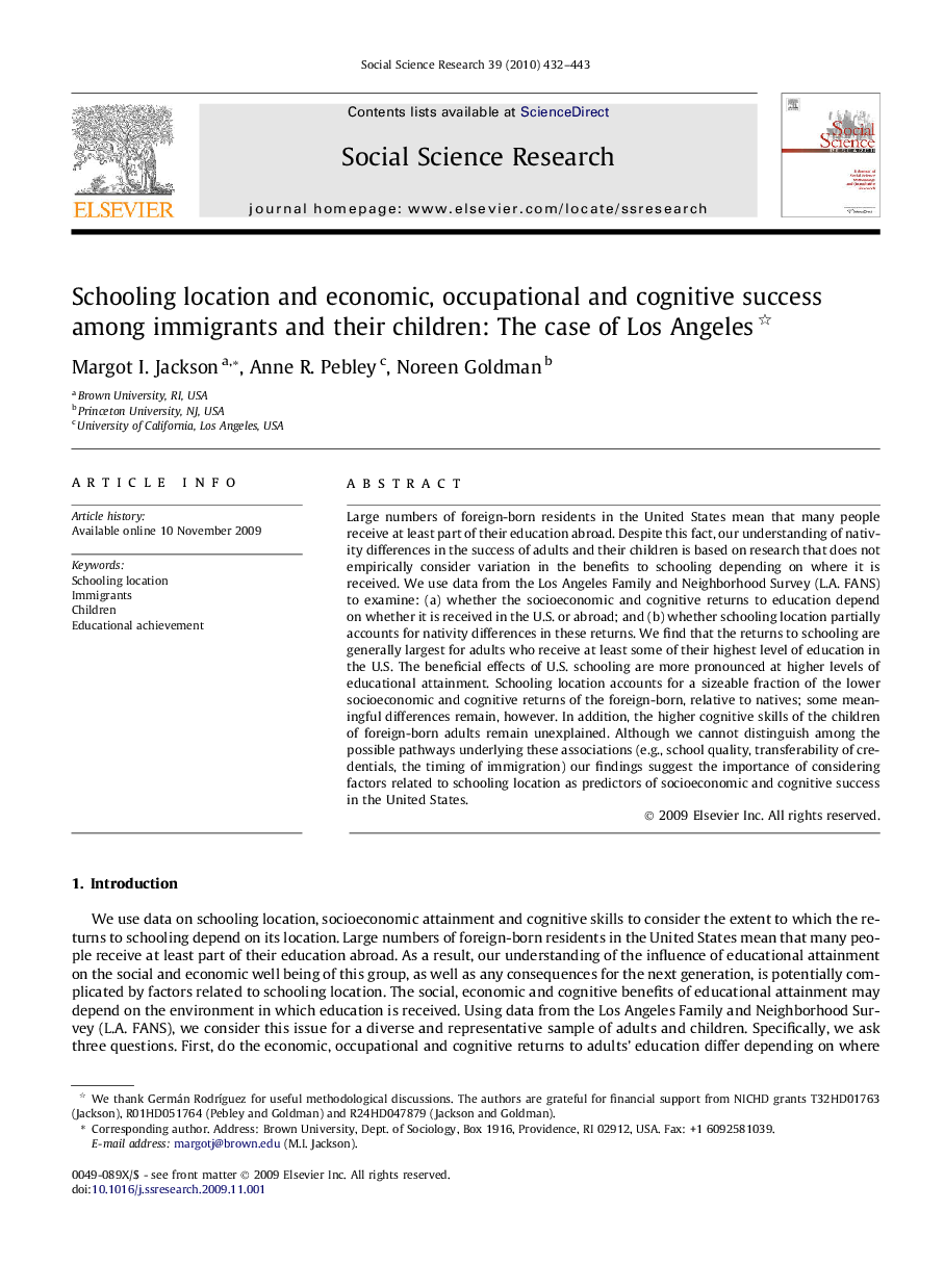 Schooling location and economic, occupational and cognitive success among immigrants and their children: The case of Los Angeles 