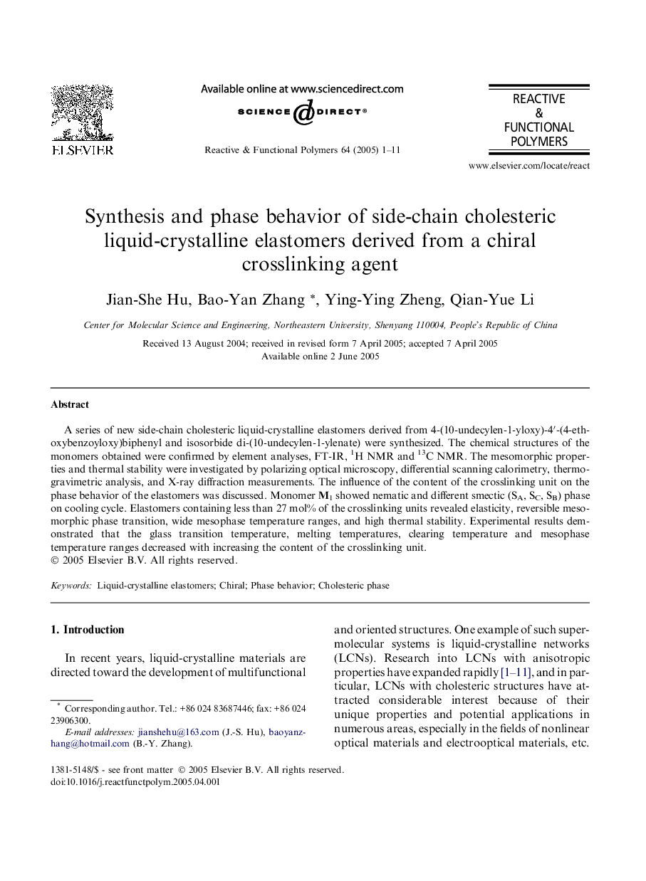 Synthesis and phase behavior of side-chain cholesteric liquid-crystalline elastomers derived from a chiral crosslinking agent