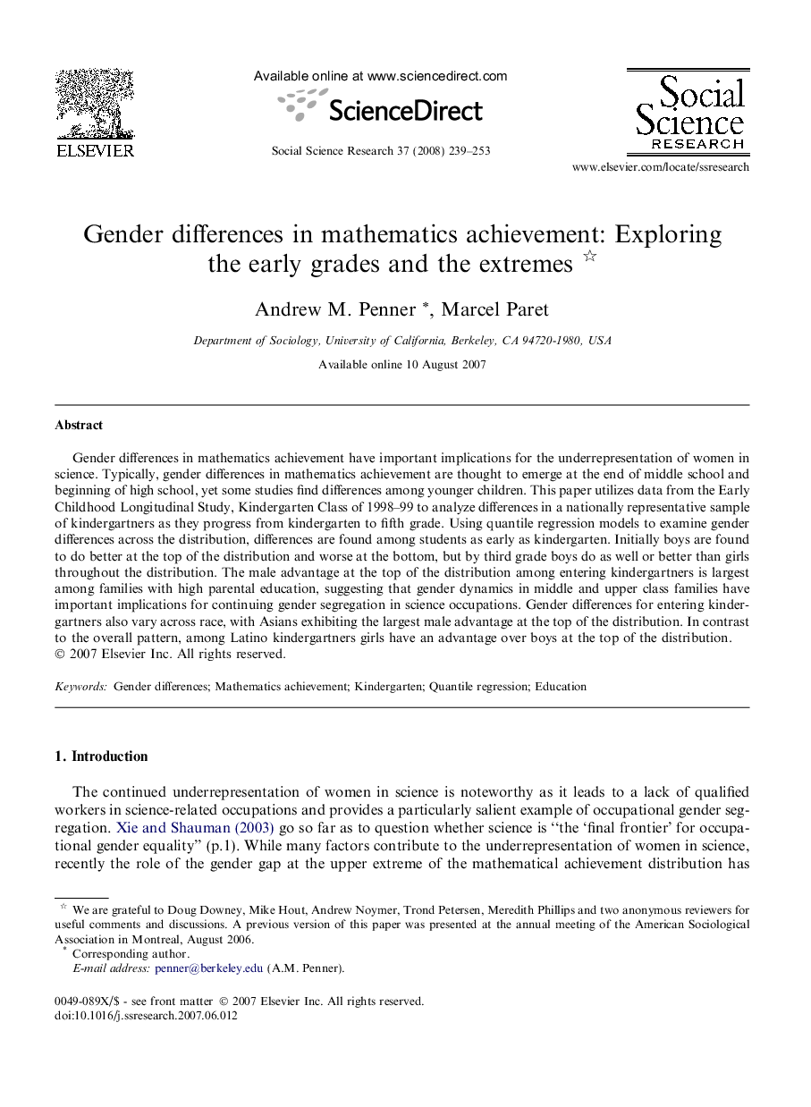 Gender differences in mathematics achievement: Exploring the early grades and the extremes 