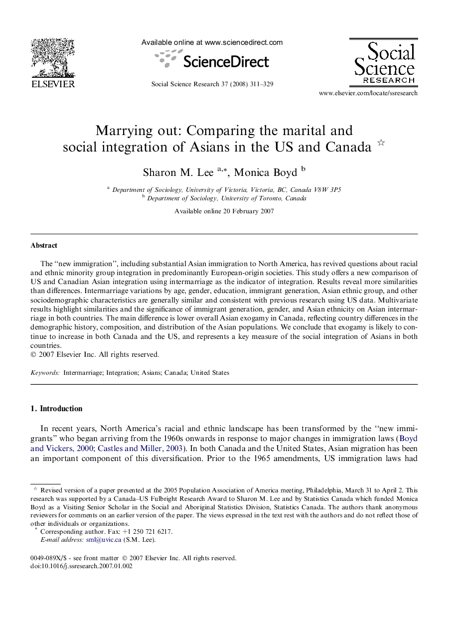 Marrying out: Comparing the marital and social integration of Asians in the US and Canada 