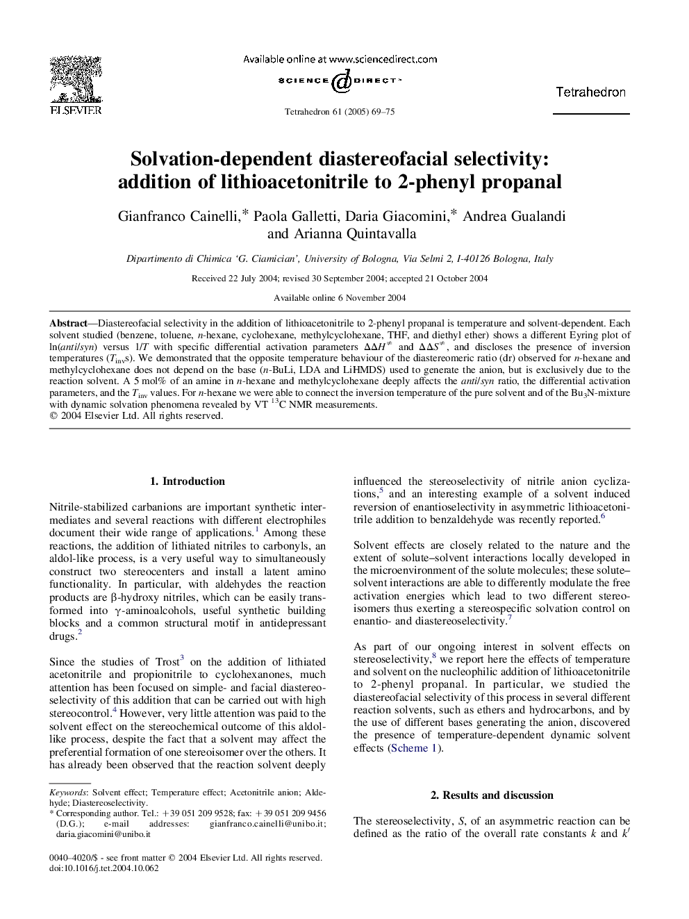 Solvation-dependent diastereofacial selectivity: addition of lithioacetonitrile to 2-phenyl propanal