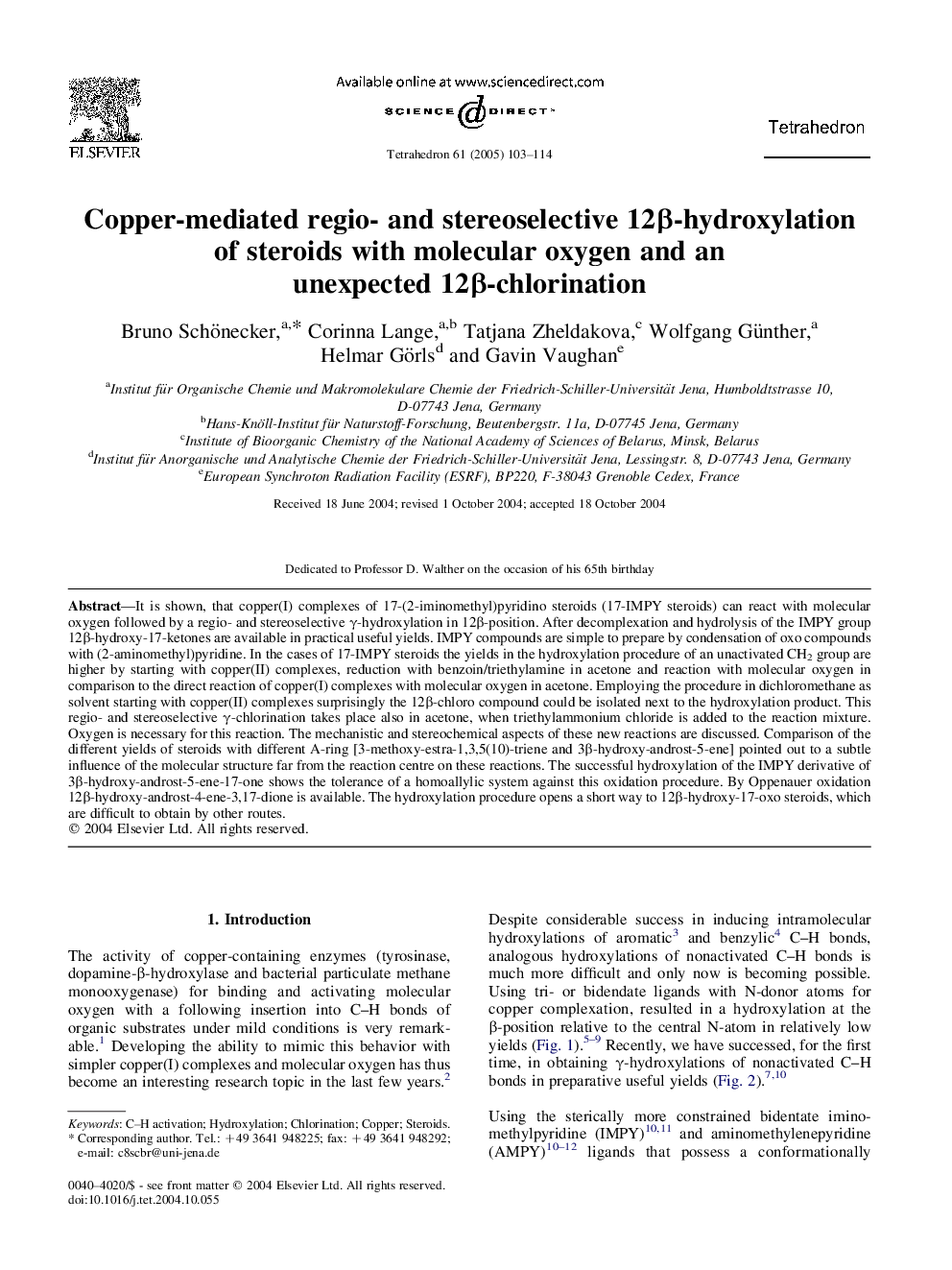 Copper-mediated regio- and stereoselective 12Î²-hydroxylation of steroids with molecular oxygen and an unexpected 12Î²-chlorination