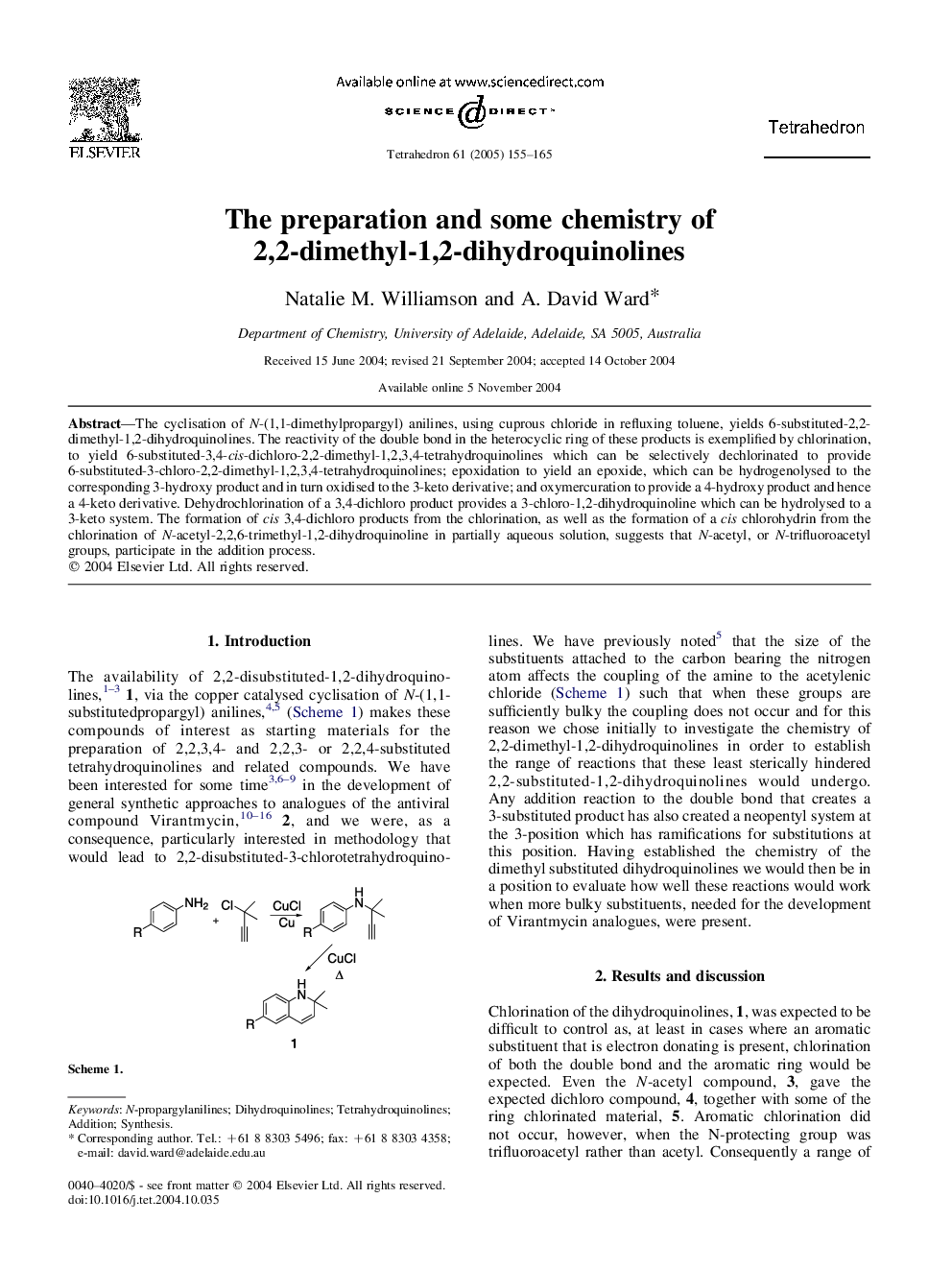 The preparation and some chemistry of 2,2-dimethyl-1,2-dihydroquinolines