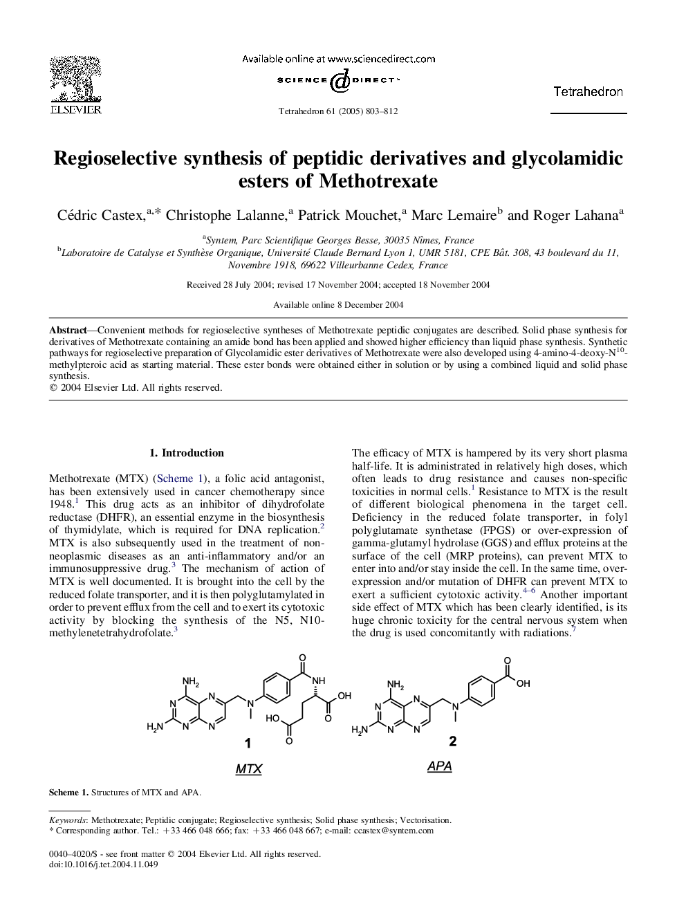 Regioselective synthesis of peptidic derivatives and glycolamidic esters of Methotrexate