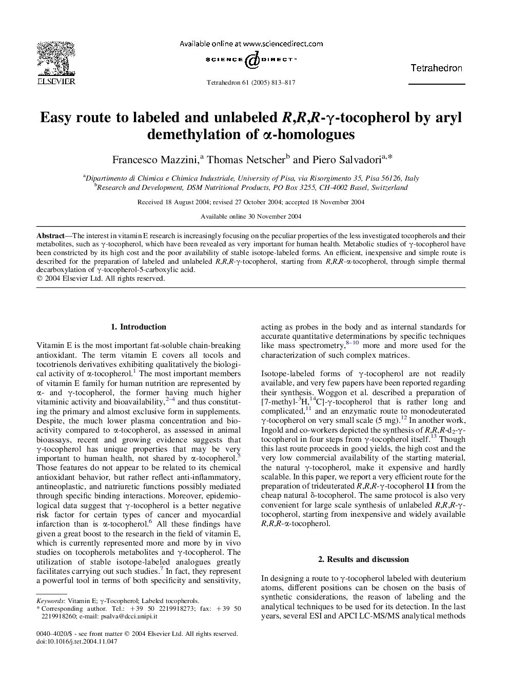 Easy route to labeled and unlabeled R,R,R-Î³-tocopherol by aryl demethylation of Î±-homologues