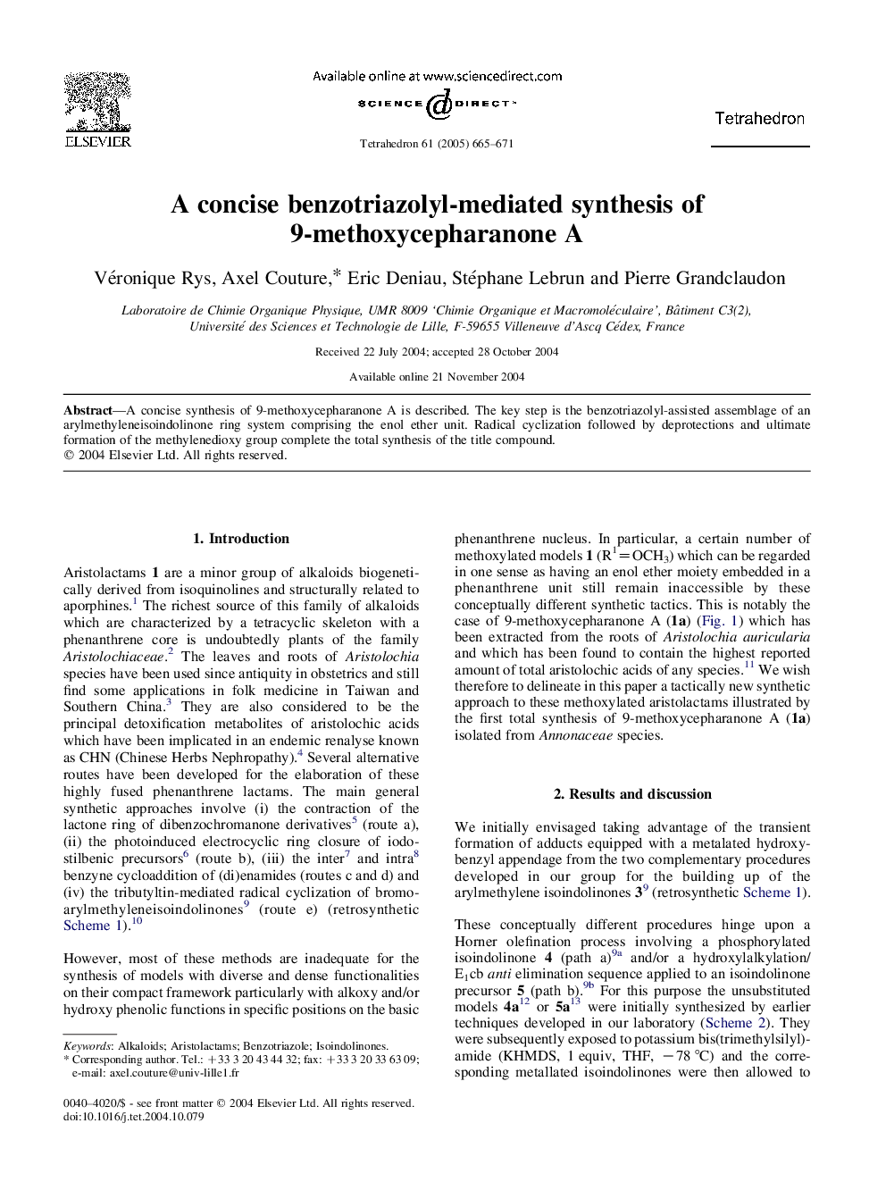 A concise benzotriazolyl-mediated synthesis of 9-methoxycepharanone A