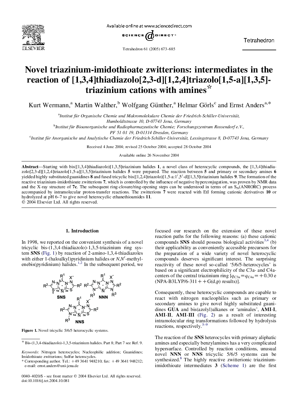 Novel triazinium-imidothioate zwitterions: intermediates in the reaction of [1,3,4]thiadiazolo[2,3-d][1,2,4]triazolo[1,5-a][1,3,5]triazinium cations with amines