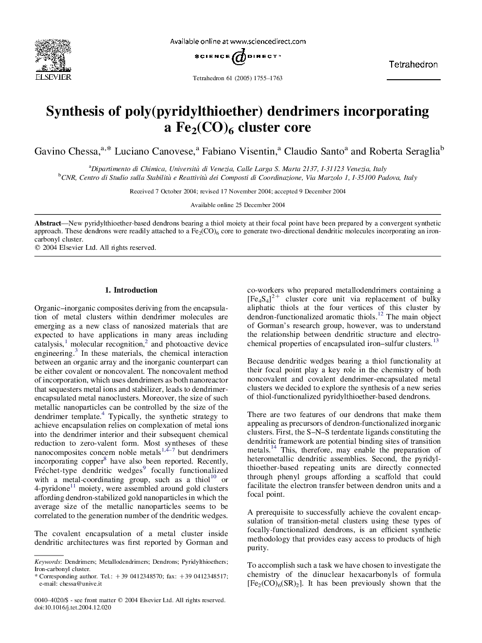 Synthesis of poly(pyridylthioether) dendrimers incorporating a Fe2(CO)6 cluster core