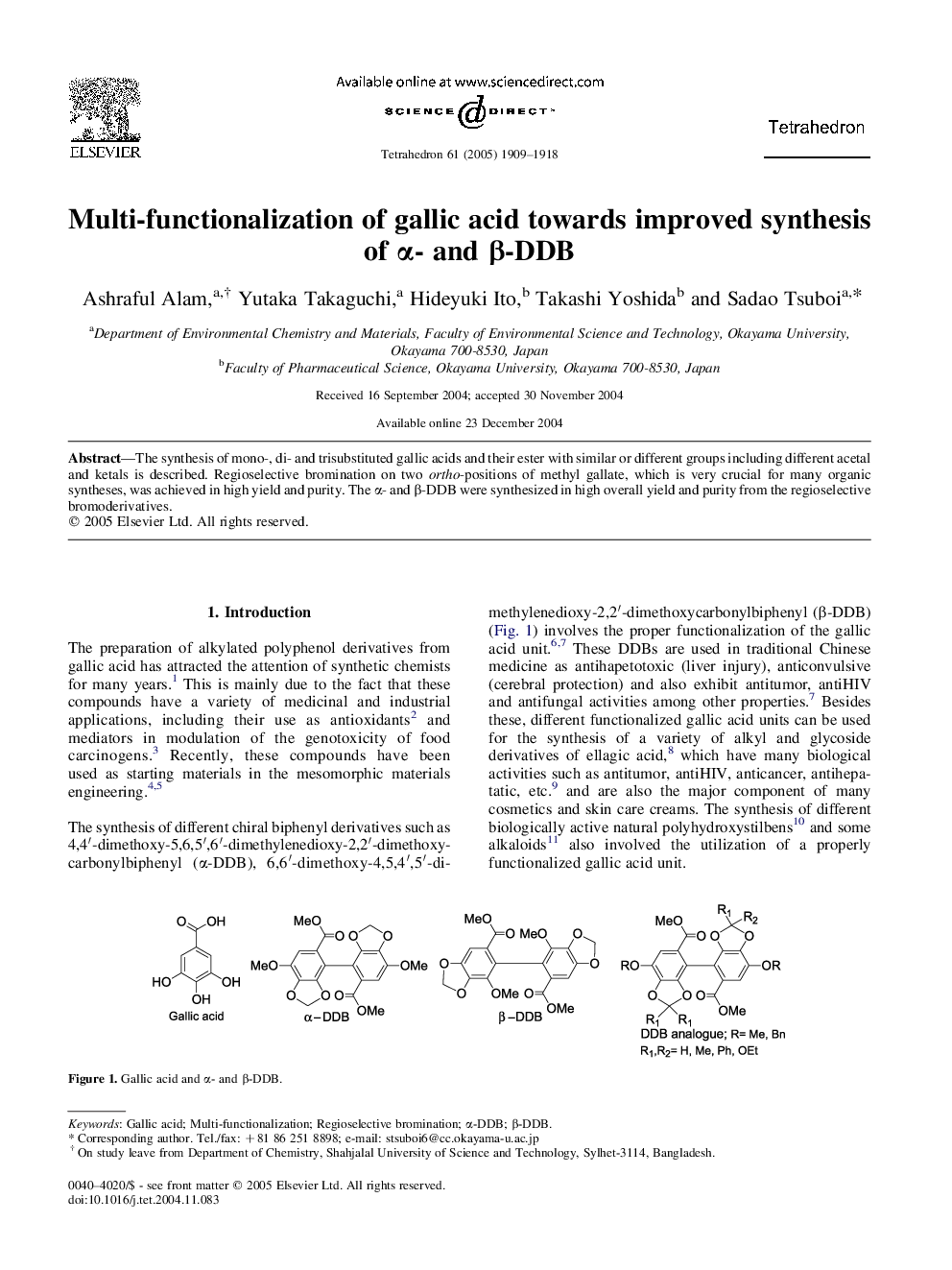 Multi-functionalization of gallic acid towards improved synthesis of Î±- and Î²-DDB