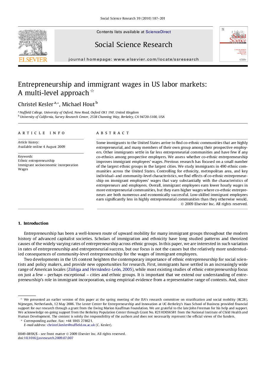 Entrepreneurship and immigrant wages in US labor markets: A multi-level approach 