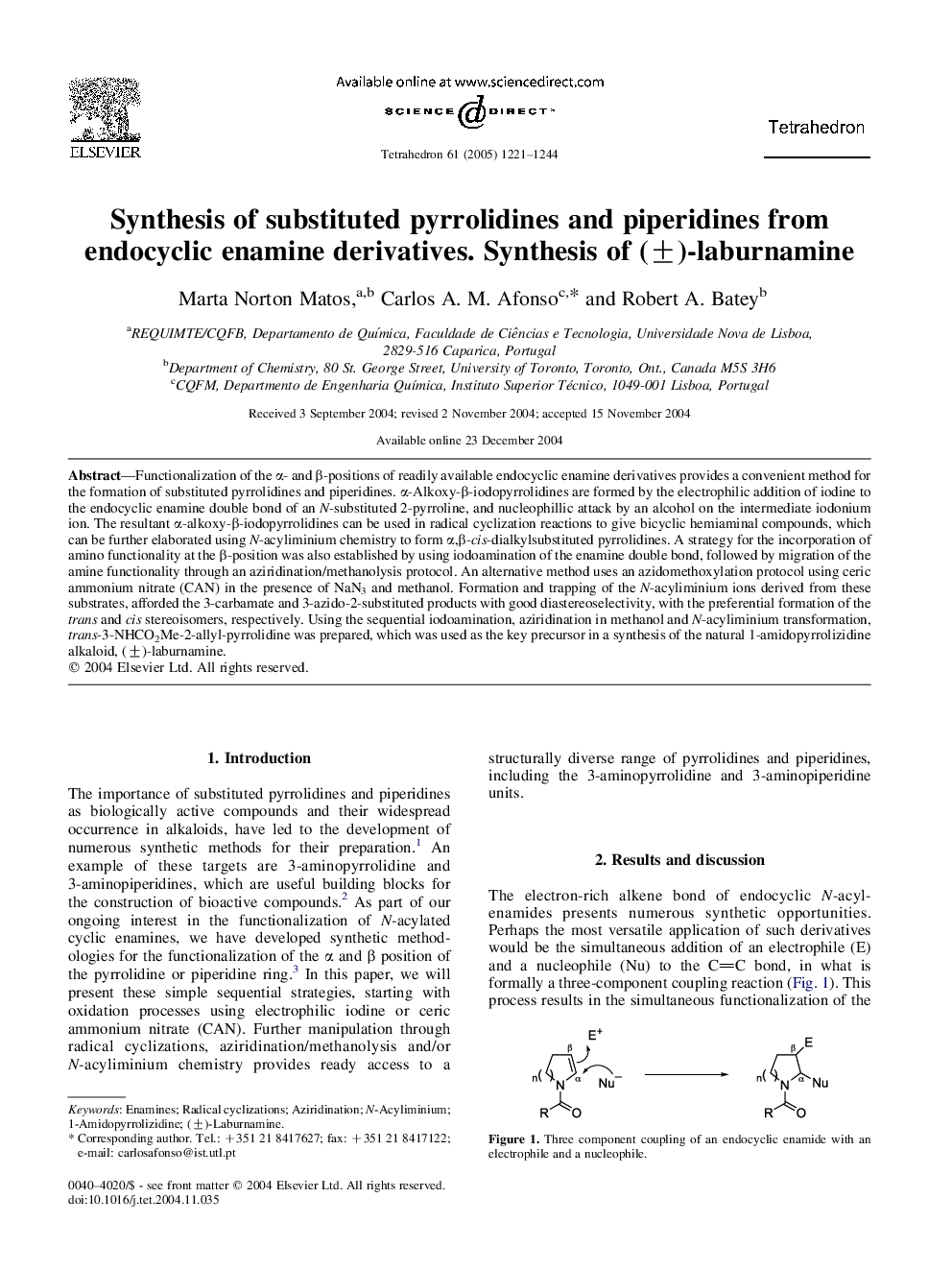 Synthesis of substituted pyrrolidines and piperidines from endocyclic enamine derivatives. Synthesis of (Â±)-laburnamine
