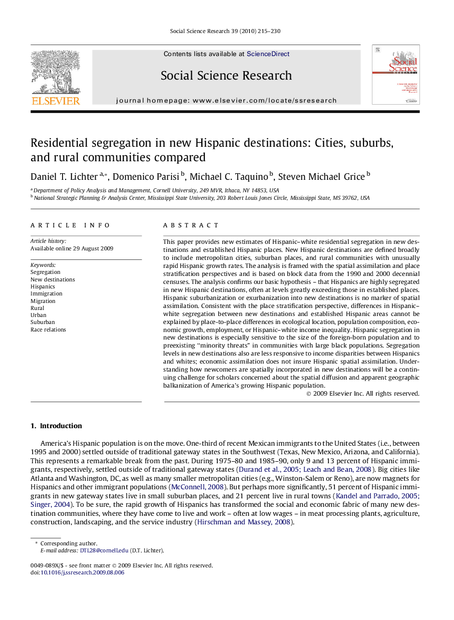 Residential segregation in new Hispanic destinations: Cities, suburbs, and rural communities compared