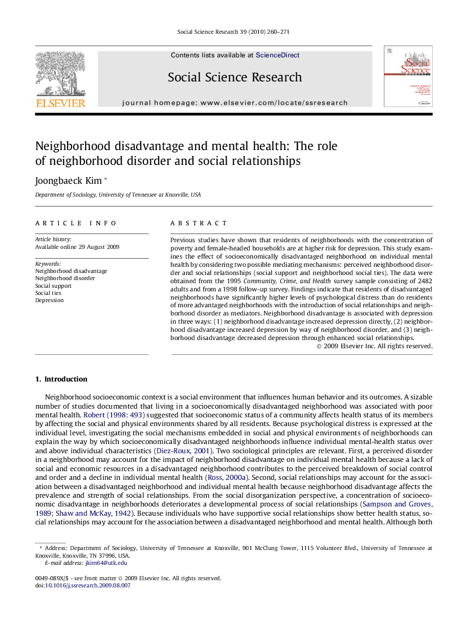 Neighborhood disadvantage and mental health: The role of neighborhood disorder and social relationships